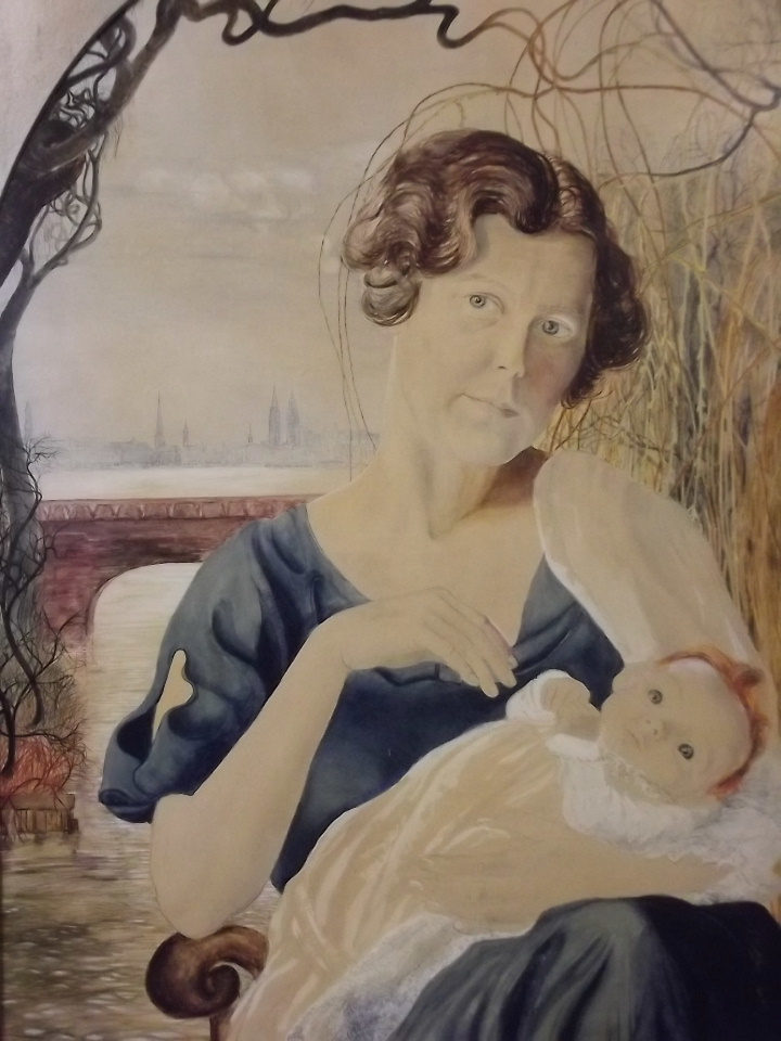 A large watercolour, woman and child with a cityscape beyond, possibly Riga, unsigned, early - Image 2 of 3
