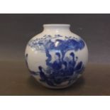 A small Chinese blue and white squat jar decorated with figures in a garden, 4'' high