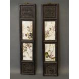 Two pairs of Chinese ceramic plaques decorated with insects on flowering twigs, mounted in carved