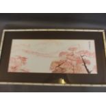 A Chinese watercolour of a landscape with buildings, 21½'' x 8½''