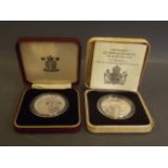 Two commemorative £5 coins celebrating the Queen Mother's 80th birthday, cased, 1½'' diameter