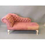 A contemporary chaise longue with painted supports and suede button back covers, 65'' x 23''