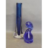 A tricorn blue glass vase, together with a bubble glass figure of a duck, 9½'' high
