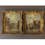 Alfred Vickers, pair of signed C19th oils on canvas, riverside towns with merchant ships, 10'' x