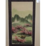 A Chinese wtaercolour, two fishermen on a boat amongst cherry blossom trees, 4 character mark, 6'' x