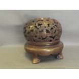 A Chinese pierced bronze censer with bat decoration, 8½'' high