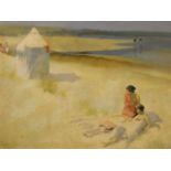 An oil on board, beach scene with bathers, in the early C20th style, unsigned, in a gilt frame, 12''