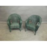 Two green wicker children's chairs, 21'' high