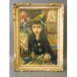 Jean Calogero, oil on canvas, portrait of a seated girl in a party hat, signed, 15'' x 22''