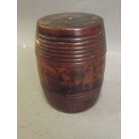 A C19th treen turned wooden barrel with a screw top lid, 3'' high