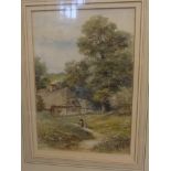 Edward A. Swan, watercolour of two figures in a wooded landscape with thatched cottage, 8'' x 5''