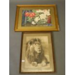 Two early C20th watercolours, study of a lion, signed Batley, and still life with flowers in a glass