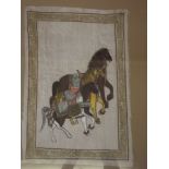An Indian watercolour on silk, painting of three horses, mounted in a frame, frame 30'' x 23''