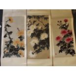 Three Chinese scrolls painted with flowers, 25" long