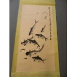 A Chinese scroll painted with carp, 49'' x 24''