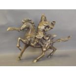 A Chinese bronze figure of a warrior on horseback, 7½'' high