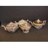 Three well coloured English teapots including Coalport, and a covered sucrier with painted foliate