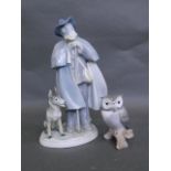 A German ceramic figure of an old man and a dog, and a Lladro figure of an owl, 9" high