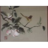 A Chinese silk embroidery of a bird in a peach tree, late C20th, 10'' square