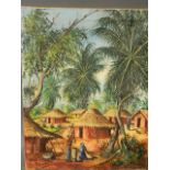 M. Liwali, oil on canvas, African village scene, signed, 14½" x 18½"