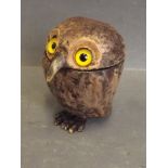A cold painted bronze trinket box in the form of an owl with inset glass eyes, signed 'Bergm', 3''