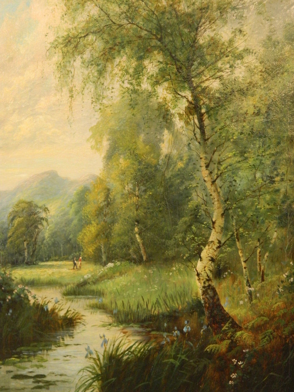 H. Brooks, Seaton, oil on canvas with figures in a meadow by a stream, signed, 16'' x 24''