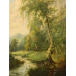 H. Brooks, Seaton, oil on canvas with figures in a meadow by a stream, signed, 16'' x 24''