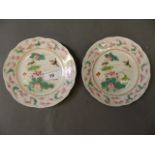 A pair of small famille rose plates decorated with birds and flowers within a bat border, 6''