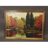 An oil on canvas, autumn lakeside scene, signed indistinctly Tietge (?), 40½'' x 28½'' (AF repairs)