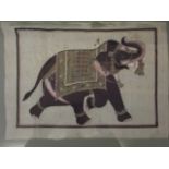 An Indian watercolour on silk, painting of an elephant, mounted in a Victorian maple frame, frame