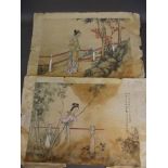 A pair of Chinese watercolours, ladies in a garden, mounted on silk, 16" x 12"