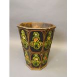 An octagonal painted wood bucket with foliate decoration, 12½'' x 16''