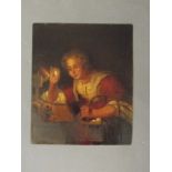 A C19th Flemish school oil on metal panel, peasant girl examining eggs by an oil lamp, unframed,