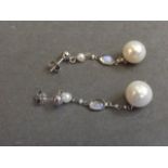 A pair of 14ct white gold, pearl and moonstone drop earrings