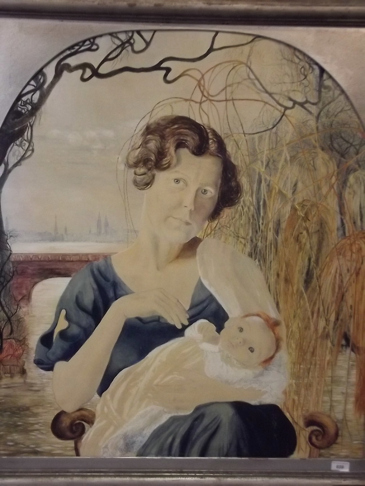 A large watercolour, woman and child with a cityscape beyond, possibly Riga, unsigned, early