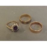 Two 9ct gold wedding bands, and an amethyst and pearl dress ring, 5g