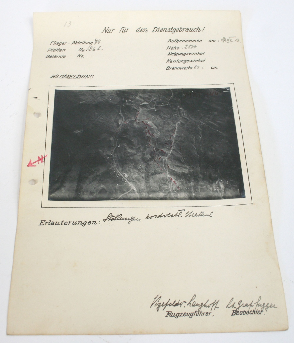 1916 Imperial German Flieger Abteilung 74 Aerial Photographs, on official file papers with inked - Image 2 of 3