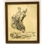 Original WW2 Cartoon Image showing a British soldier on a Norton Motorcycle holding a bomb with a
