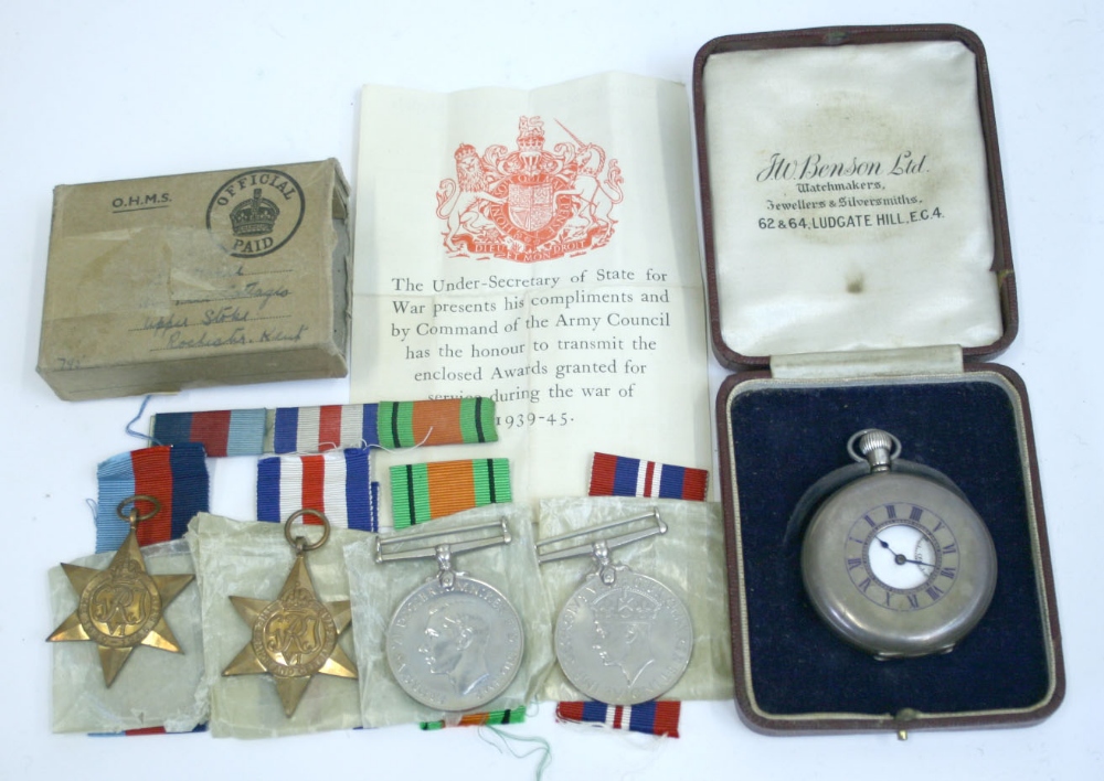 WW2 Campaign Medal Group and Hallmarked Silver Presentation Pocket Watch, the medals consist of