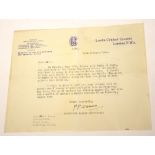 Cricket, Pelham Warner 1941 Signed Letter on M.C.C (Marylebone Cricket Club) Lords Cricket Ground