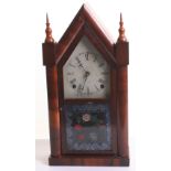 American Gothic Style Striking Mantle Clock with stained wood case. Picture glass panel to the lower