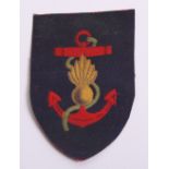 WW2 Royal Marine Engineers Cloth Formation Sign, navy blue shield with printed red anchor with green