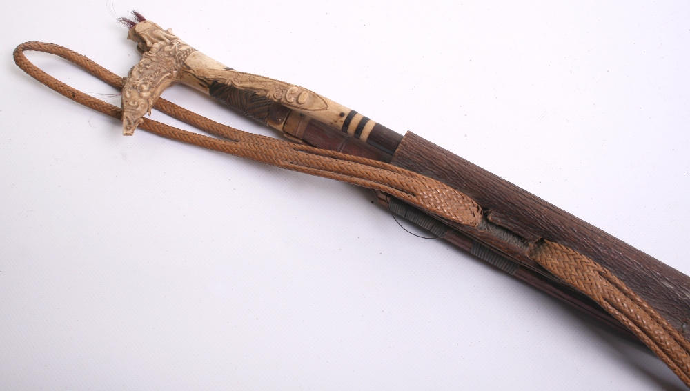 Borneo Head Hunter's Sword Mandau, 20th century, blade inlaid with long row of brass S-shaped - Image 3 of 5