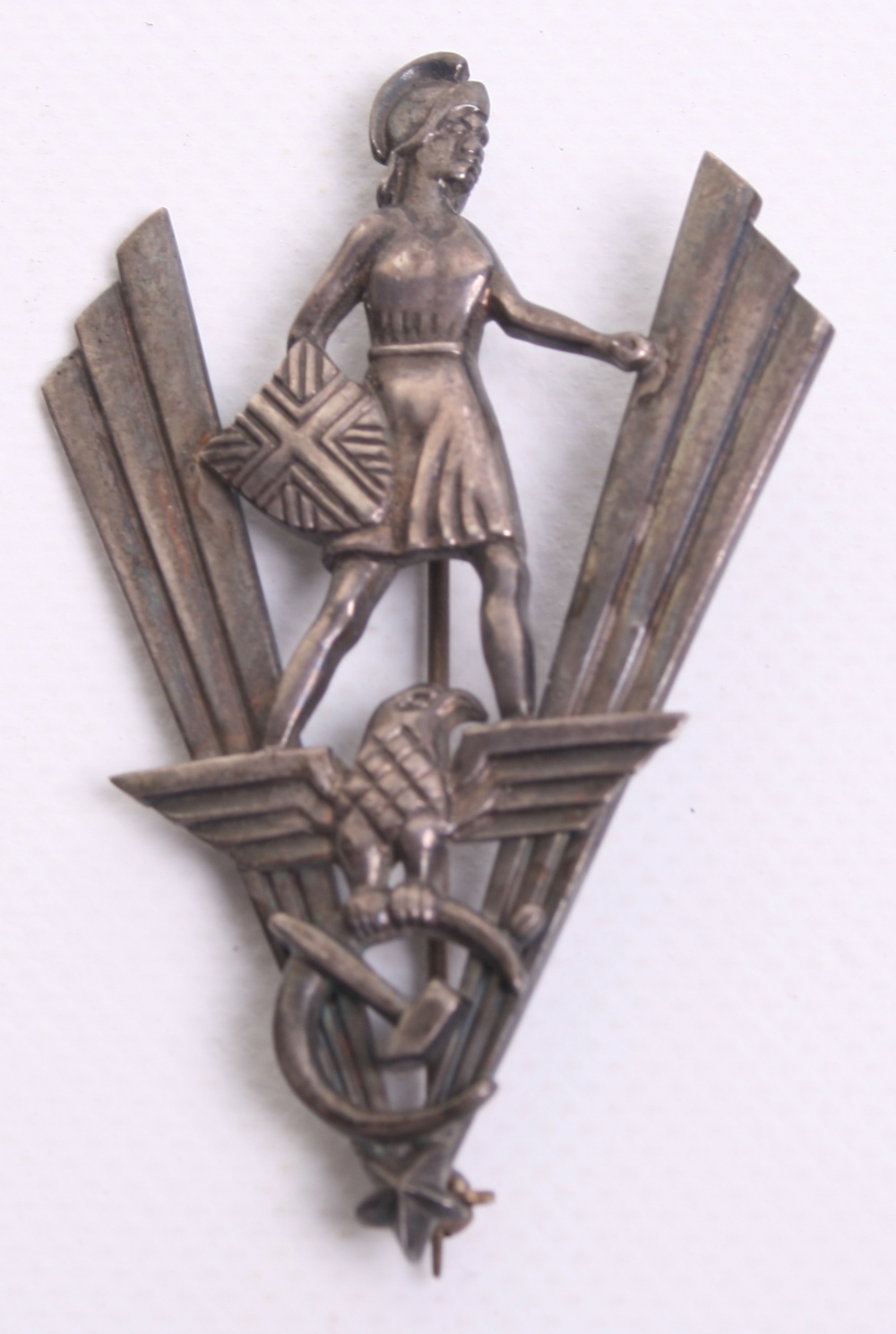 British Sterling Silver 1930's Political Badge, in art deco style showing Britannia with union