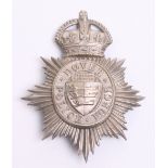 Dover Police Force Helmet Badge, white metal star, Kings crown, coat of arms centre, complete with