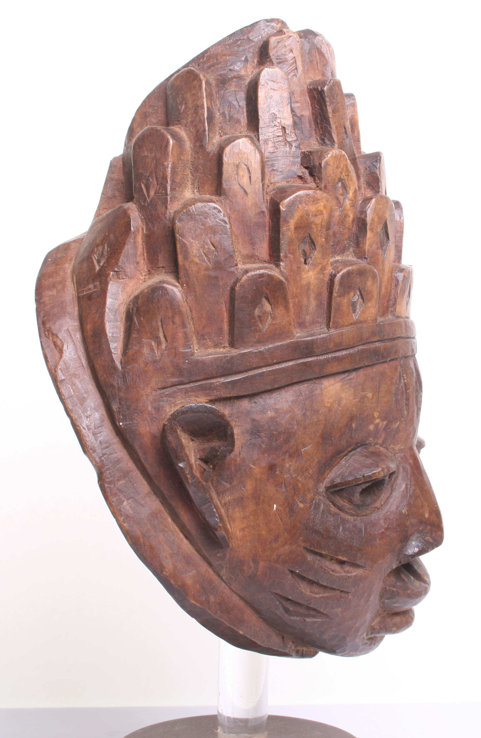African Wooden Mask carved as a stylised human face, stained for effect, with tall crown of - Image 4 of 7