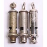 Three WW2 Whistles being Metropolitan patterns. Two are made by Adie Bros Birmingham, dated 1940 and