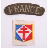 WW2 Free French Insignia consisting of silk woven cloth formation sign with cross of Loraine