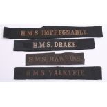 Four WW1 & WW2 Royal Navy Cap Tallies consisting of WW1 period HMS HAWKINS (shortened), WW2 period