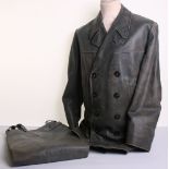 WW2 German U-Boat Crews Two Piece Leather Suit consisting of double breasted grey leather jacket